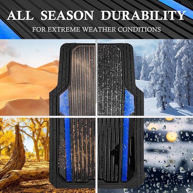 CAR PASS Heavy Duty Rubber Car Mats Metallic,Aluminum Film All Weather Floor Mats Waterproof Universal Trim to Fit Automotive SUV Sedan Van 4 Piece Anodized Deep Dish Two-Tone Sporty Black Blue Chrome - Image 3