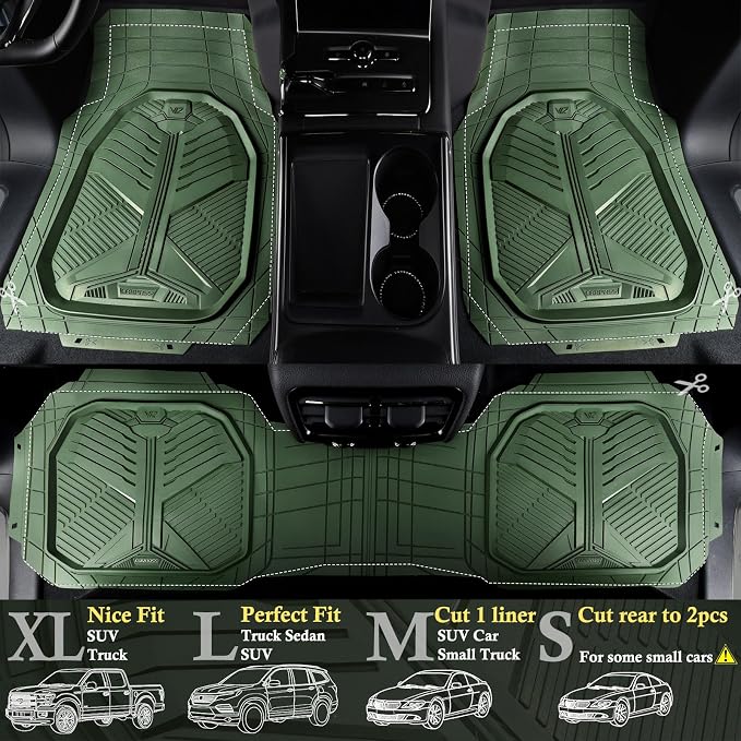 CAR PASS Heavy Duty Rubber Car Mats with Cargo Liner, Deep-Dish Car Floor Mats and Trunk Mat All Weather, Universal Trim-to-Fit for SUVs Trucks Sedans, Waterproof Anti-Slip, Trimmable V12 Olive Green - Image 2