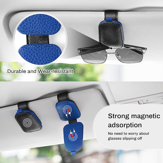 SINGARO Sunglasses Holder for Car, Leather Magnetic Buckle Sun Visor Sunglass Clip, Ticket Card Storage Glasses Clip, Car Interior Accessories for Men and Women（Black-Blue） - Image 7