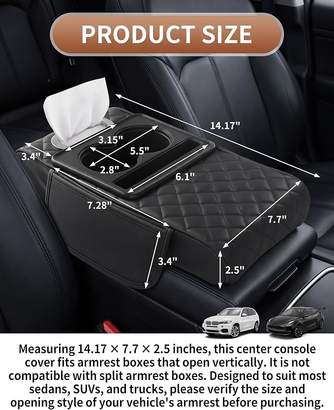 5-in-1 Car Center Console Cover Armrest Cushion with Cup Holder | 14.17x7.7x2.5" memory foam armrest cushion with tissue box & side storage pocket PVC leather protects console from pet claws - Image 2
