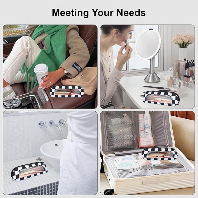 DOB SECHS Small Clear Makeup Bag for Purse Mini Checkered Brush Pouch for Travel Nylon Travel Cosmetic Organizer Pouches Holder Pencil Bag with Zipper Double Sided Clear Make-up Bags - Image 3