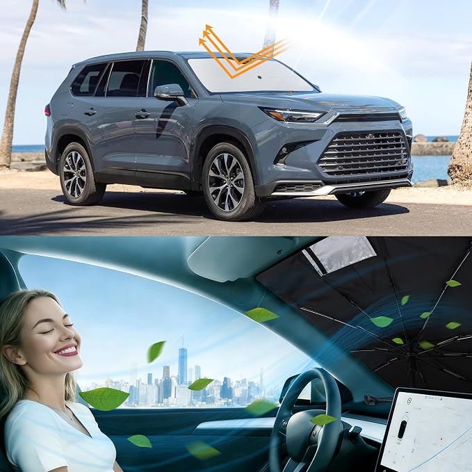 Windshield Sun Shade Umbrella foe 2020-2026 Toyota Highlander | Full covered for windshield, Block UV Rays, Heat Reduction, Easy to install, Durable & Fold Up Small - Image 6