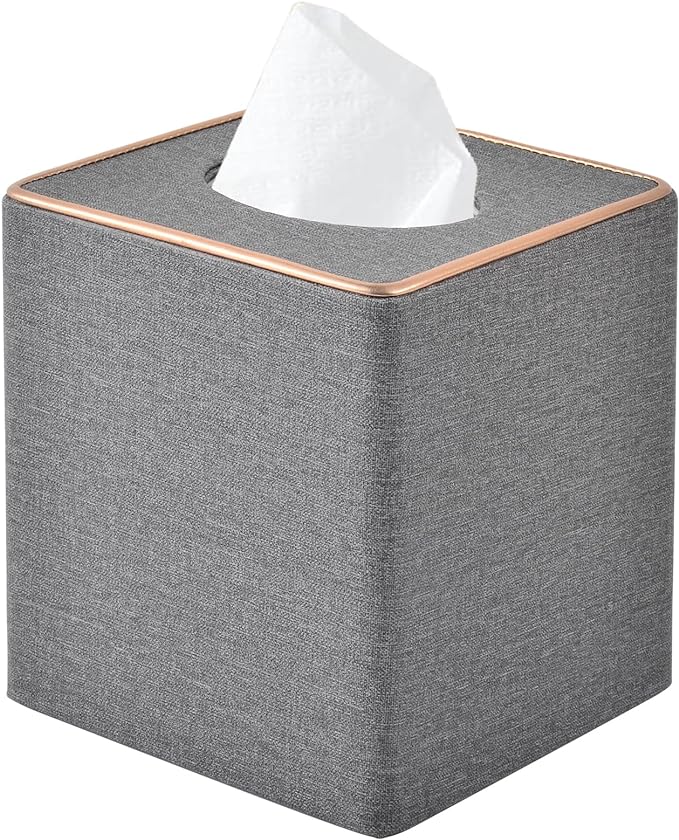 Linen Square Tissue Box Holder Cube Tissue Box Cover－Rosegold Leather Recorate,Napkin Holder Case Dispenser, Tissue Holders with Magnetic Bottom for Home Office Car Hotel Restaurant,Grey by RHCSZ