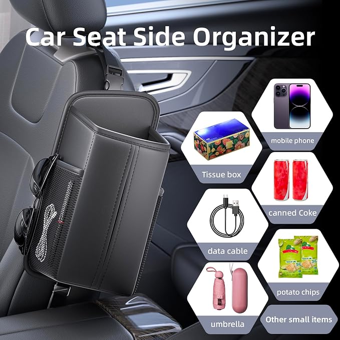 Car Tissue Holder for Front Seat | Wide Refill Opening, 2 Side Mesh Pockets for Phones & Cards, Fits 150 Tissues, Durable PU Leather car seat organizer - Image 5