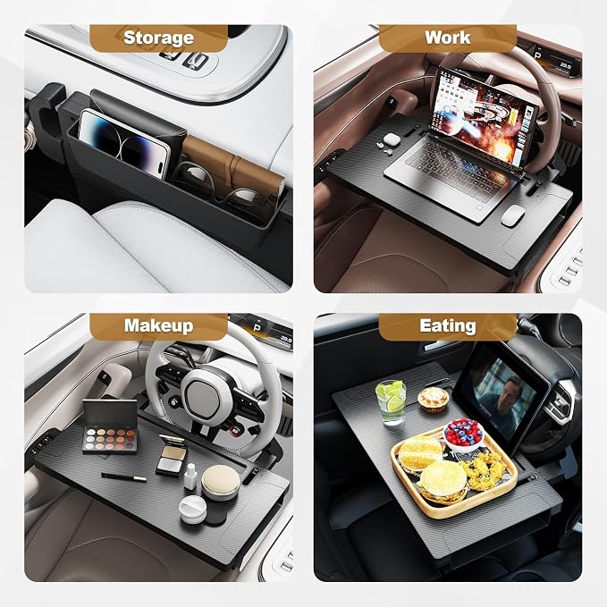 2-in-1 Car Steering Wheel Desk Tray,Adjustable Car Table for Laptop | Car Food Tray for Standard Round Steering Wheels,Car Seat Gap Filling Organizer,Foldable Carbon Fiber Look Table for Working - Image 2