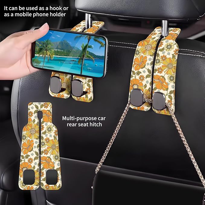 Car Seat Back Storage Headrest Hook, Premium Leather Double Metal Hook, Hanger Storage Organizer for Purse Cloth Bag, Car Interior Accessories Boho Orange Flowers - Image 2