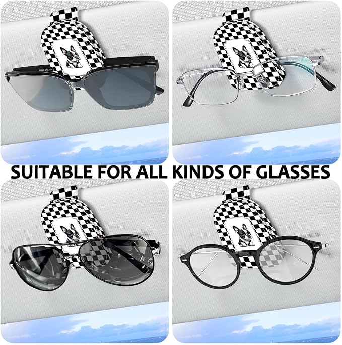 2 Pack Magnetic Leather Sunglass Holder, Universal Magnetic Car Eyeglass Hanger Clip for Different Size Eyeglasses, Car Visor Accessories (Checkered Dog) - Image 2