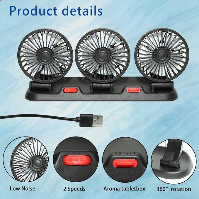 5V USB Car Fan, 3-Head 360° Rotating Dashboard Fan | Ideal for cars with broken AC. 2-Speed Quiet. Multi-Scenario: Sedans, SUVs, Pickups, Office, Camping. USB portable. - Image 3