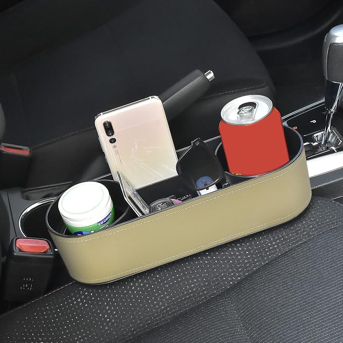IOKONE Console Side Pocket, Cup Holder for Car, Easy Install, Slim Beige | PU Leather Cover, Dual Cup Holders, Car Seat Gap Filler Organizer, Side Pocket Storage, Universal Fit, Car Coin Holder - Image 4