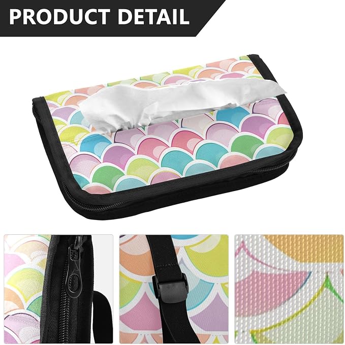Car Tissue Holder Car Napkin Holder Tissue Box Dispenser Storage Case Sun Visor Mask Holder Accessories with Adjustable Straps Reusable Refillable Bright Multicolor Mermaid Scale - Image 3