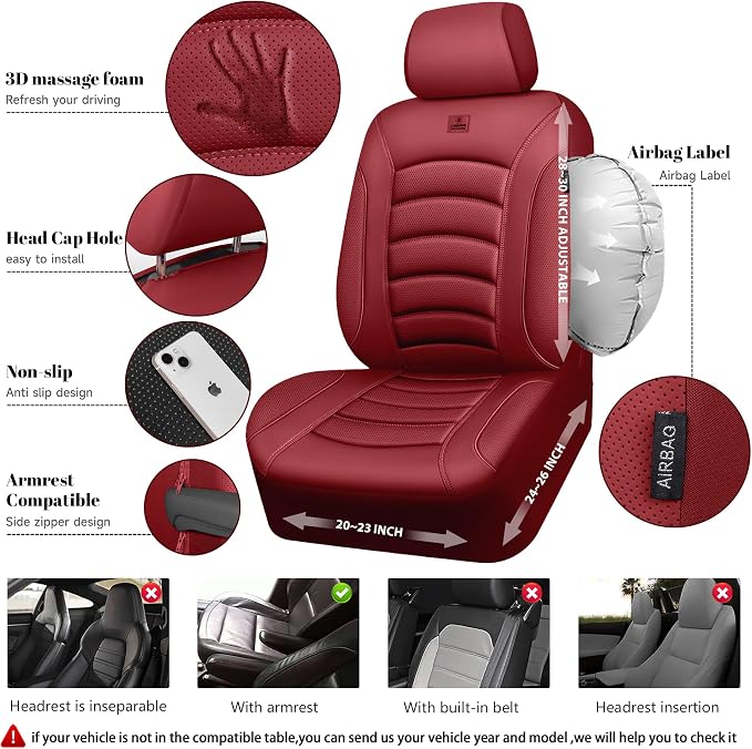 CAR PASS 3D Foam PU Leather Car Seat Covers, Universal Seat Covers Full Sets for Trucks SUV Sedan Automotive Seat Covers Armrest Airbag Compatible Waterproof Comfortable Faux Nappa Leather Burgundy - Image 5