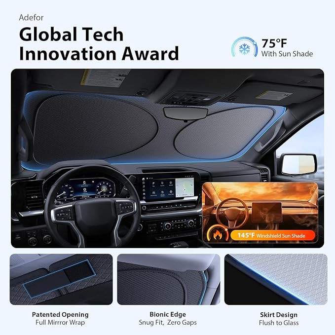 2026 Upgraded Windshield Sun Shade for Ford Transit [Precision Custom Fit, Superior UV & Heat Block] Cooling Tech Fabric, Durable Foldable with Storage Bag, Fits 2015-2025 - Image 3