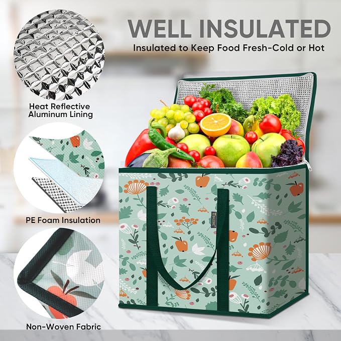 BALEINE 2Pk Insulated Reusable Grocery Bags, Collapsible Cooler Bag for Groceries, Heavy Duty Large Insulated Bag (16''x9''x13'', Spring Stroll) - Image 2
