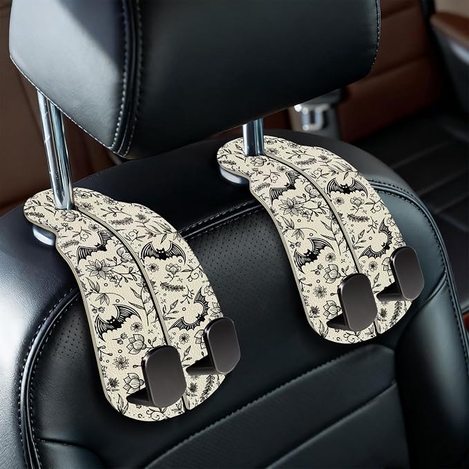 Blusabaca 2PCS Car Seat Headrest Hooks, Purses Bags Holder, Goth Bats | PU Leather, Double Metal Back Storage Hangers for Grocery Bags Handbags Bottles Coats Phones, Car Accessories Organization by Blusabaca