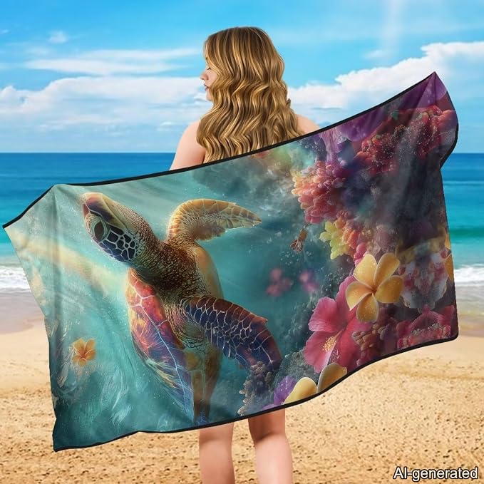 Sea Turtle Print Car Seat Towel Covers Front Seats Hibiscus Plumeria Print Seat Shield for SUV Truck Sedan Quick-Dry Athletic Towels for Car Seats with Storage Bag - Image 3