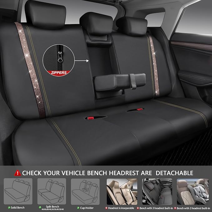 CAR PASS Bling Diamond Car Seat Covers Full Sets, Shining Rhinestone Waterproof Faux Leather, with Zipper, Universal Fit Automotive Glitter Crystal Sparkle Strips Cute Women Girl, Champagne Gold - Image 6