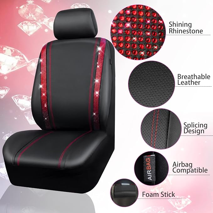 CAR Pass Bling Car Seat Covers Full Set, Shining Rhinestone Diamond Waterproof Faux Leather, Rear with Zipper, Universal Fit Automotive Glitter Crystal Sparkle Strips for Women Girl, Black Red - Image 7