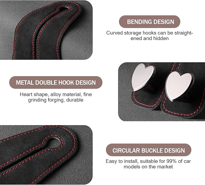 2 PCS Car Seat Headrest Hook, Car Hooks for Headrest, Storage Double Heart Shape Hooks, Suede Foldable Soft Hook Organizer, Universal for Cars (Black) - Image 4