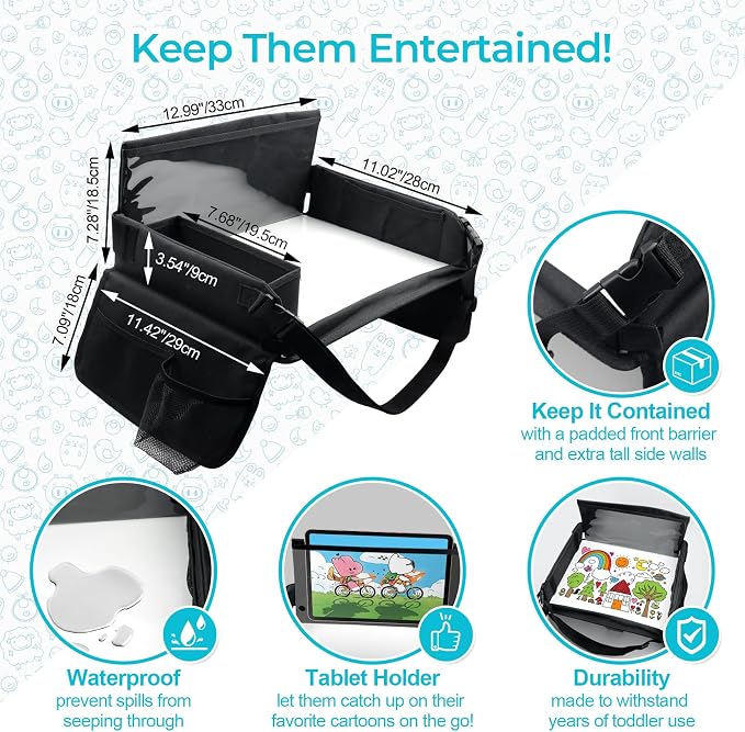 Kids Travel Tray for Car Seat, Carseat Table Tray for Kids Road Trip Activities, Car Trays for Kid Roadtrip Essentials, Toddler Lap Desk Organizer for Airplane - Black - Image 7