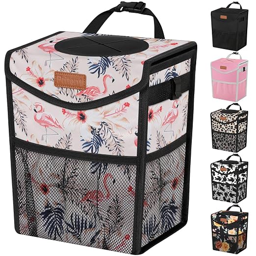 Pritent Car Trash Can with Lid Leakproof Car Garbage Bag Vehicle Trash Bin | Hanging Automotive Garbage Can,Multipurpose Car Accessories for Women Men Interior Car Storage Organizer(2 Gal,Flamingo) by Pritent