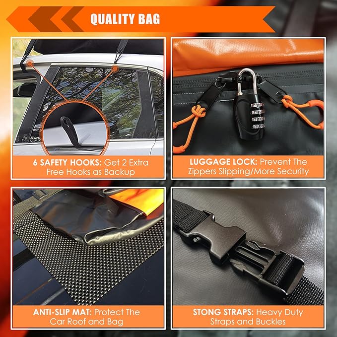 Car Roof Bag Rooftop Cargo Carrier Bag Waterproof 20 Cubic Feet roof Cargo | Soft Shell Luggage Bag for All Cars with/Without Rack,Includes Anti-Slip Mat, 10 Reinforced Straps, 6 Door Hooks, Lock - Image 5