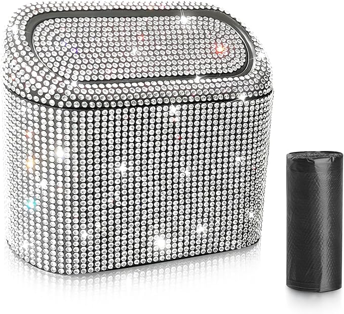 Accmor Bling Car Trash Can with 30pcs Garbage Bags, Vehicle Trash Bin with Lid Auto Dustbin Organizer Garbage Storage, Sparkling Crystal Mini Trash Container Holder by Accmor