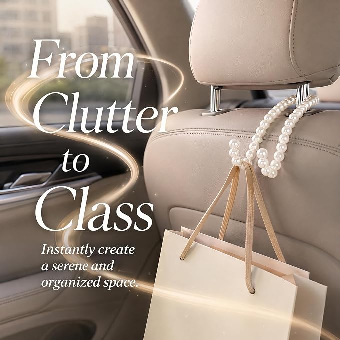 2PCS Elegant Pearl Car Seat Headrest Hook, Cute Seat Pearl Hanger Storage Organizer, Multifunctional Headrest Purse Hook Interior Decoration for Women Girls - Image 5