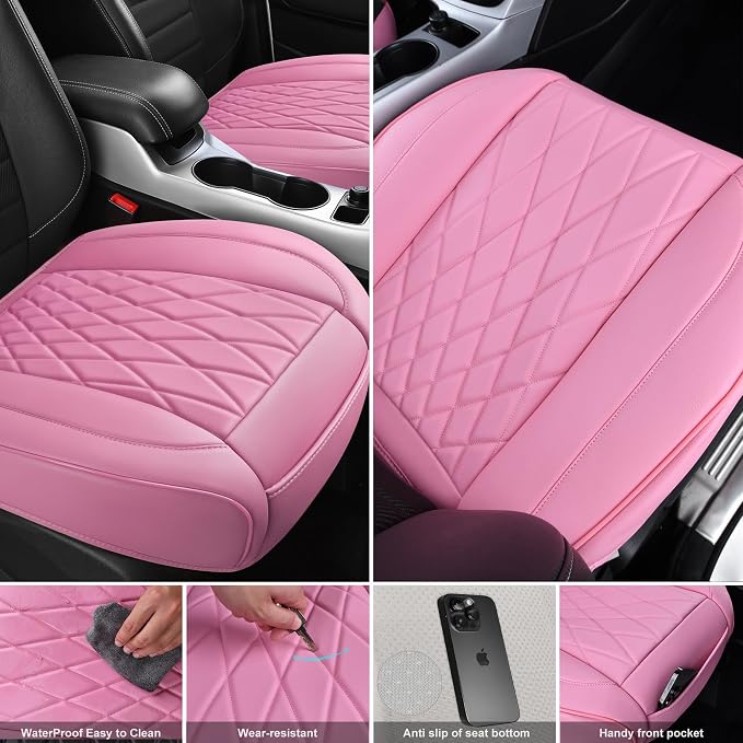 CAR PASS 2 Pack Leather Front Car Seat Covers, Bottom Seat Covers Full Wrapped with Storage Pocket, Anti-Slip Leather Seat Protectors,Waterproof Seat Cushion Pad Universal Fit Sedan SUV Truck, Pink - Image 3
