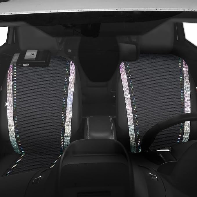 CAR PASS Leather Bling Diamond Car Seat Covers 2 Front Interior Sets, Waterproof Universal Shining Glitter Crystal Sparkle Fit for 95% Auto Truck SUV Cute Women Girl, Black Multicolor Rhinestone - Image 8