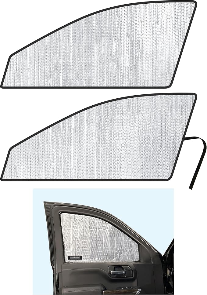 Front Side Sunshade (2PCS) for 2019-2026 Chevrolet Silverado 1500, 4Dr | Pickup - Double Cab, Crew Cab | UV Reflector Sun Protector Privacy Multi-Layer Insulated Blockout Accessories [Made in USA] by YelloProAutomotive