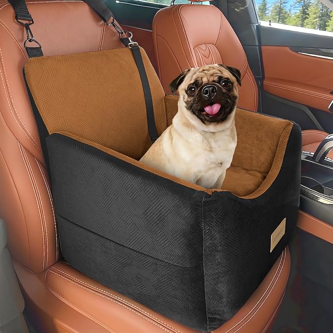 JOEJOY Dog Car Seats for Small Medium Dogs Under 35lbs, Dog Booster Seat with Detachable Washable Cover and Cushion, Memory Foam Pet Car Seat with Safety Belt and Storage Pockets (Brown) - Image 2