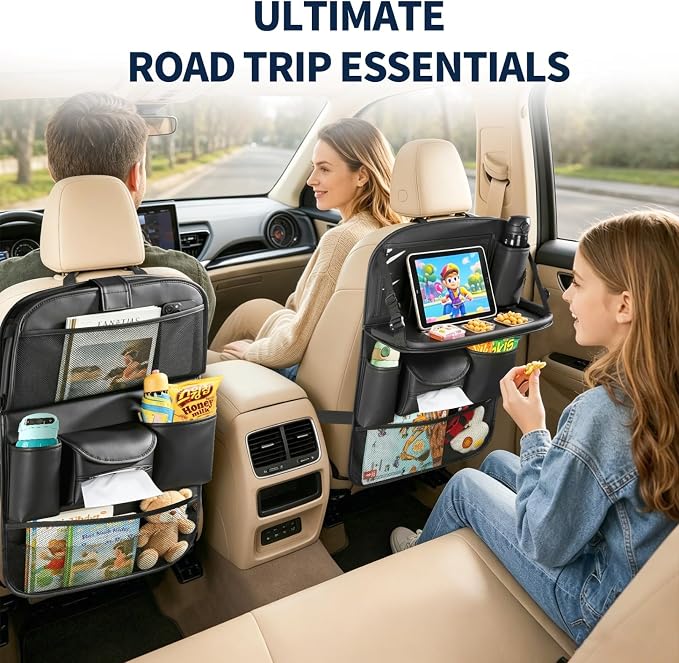 Backseat Car Organizer with Foldable Tray Table (2 Pack) | Premium PU Leather Seat Back Organizer with Tablet Holder, Large Pockets, Kick Mat for Family Travel and Daily Use - Image 4