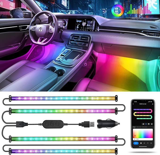 Pak Smart RGB+IC Car LED Lights, 72 LED 16 Million Colors Interior Light | Under Dash Car Strip Light with Music Mode and DIY Mode, 2 Lines Design with Charger, Ambient Lighting for Cars SUVs Trucks by Unknown