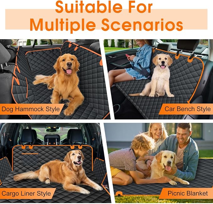 NECKORY Waterproof Dog Car Seat Cover for Back Seat - Durable, Scratch Proof Pet Hammock with Nonslip Design & Storage Pockets, Fits Cars, SUVs, Trucks- S, Black/Orange - Image 6