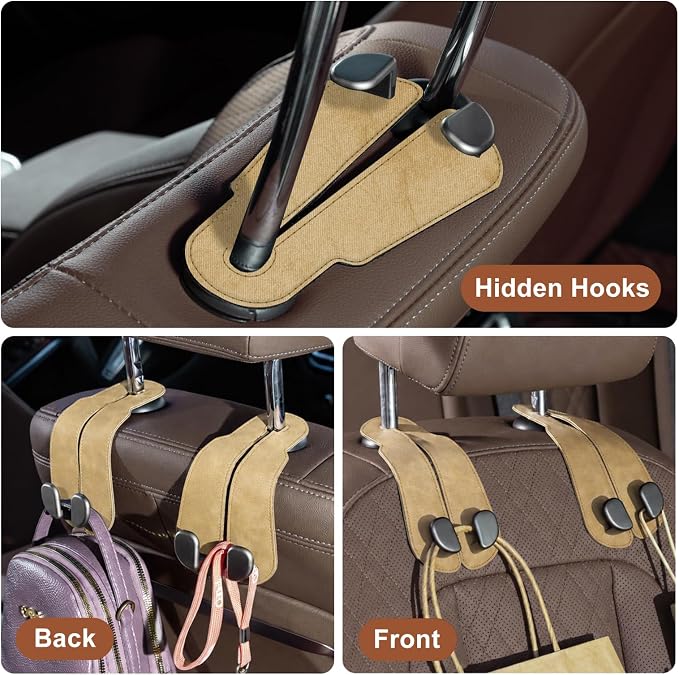CoBak Purse Hook for Car - Universal Premium Stitched Leather and Aluminum-Magnesium Alloy Double Car Seat Back Storage Hook for Purses, Handbags, Bags (2 Pack),Linen - Image 4