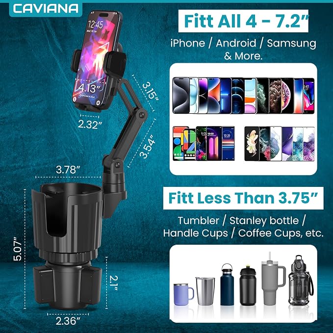 Phone Holder & Phone Mount for Car & Cup Holder Expander – 2-in-1 for Smartphones, Bottles, Tumblers & Coffee Mugs – Strong Clamp, Anti-Shake, 360° Rotation - Image 4