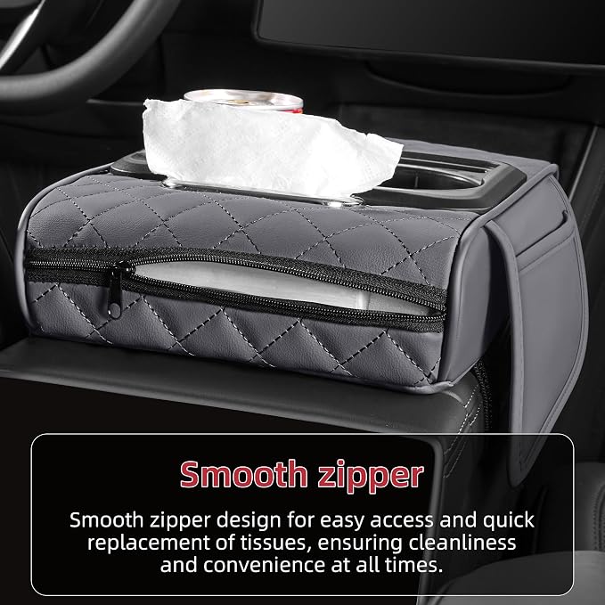 5 in 1 Nappa Leather Console Armrest Cover, Gray | Built-in cup holder, tissue slot, phone holder & 2 storage pockets, practical car accessories fit SUV sedan truck - Image 5