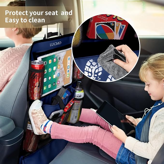 LUCMO Car Backseat Organizer with Touch Screen Tablet Holder,Dark Blue | 2 Pcs,9 Storage Pockets,Clear Tablet Holder,Protectors Kick Mats,Travel Accessories,Seat Cover,Road Trip Essentials - Image 3