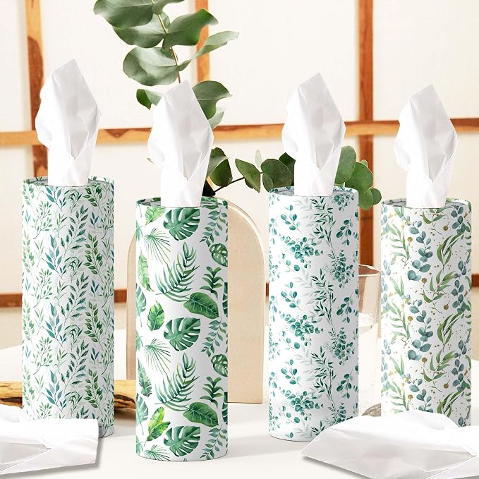 Car Tissue Holder with Facial Tissues, Botanical Leaf Print, Cylindrical Design,4Pack - Image 5