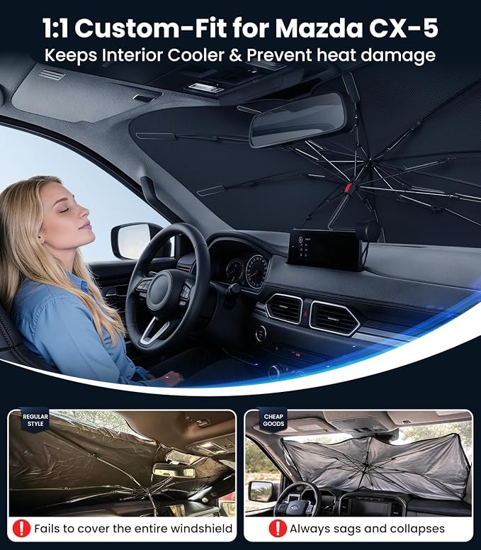 Zanch 2026 Upgraded Windshield Sun Shade Umbrella: Custom Fit for Mazda CX-5 2013-2025 Front Window Sunshade, Block UV Rays & Keep Car Cool, Precision 1:1 Scan for Mazda CX-5, No Gaps & No Scratches. - Image 2