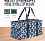 Extra Large Utility Tote Bag - Oversized Collapsible Reusable Wire Frame Rectangular Canvas Basket With Two Exterior Pockets For Beach, Pool, Laundry, Car Trunk, Storage - Navy Sunflower - Image 5