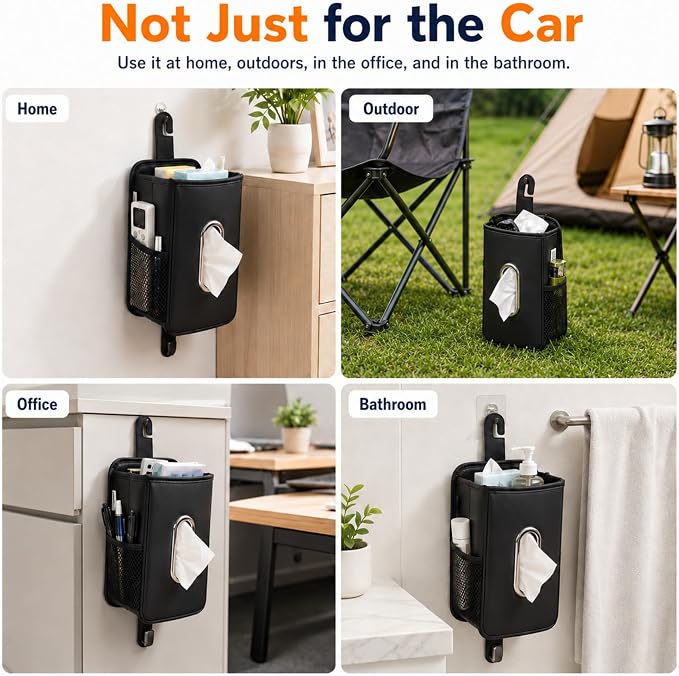 Witaxima Multifunction Leather Car Tissue Holder with Headrest Hook 1 Pack | Car Small Trash Can & Seat Back Organizer PU Leather kleenex holder for 120-150 Tissues Keep Car Tidy, Black - Image 9