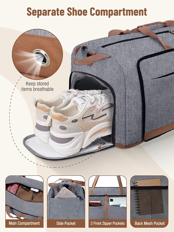 Lekesky Foldable Travel Duffel Bag for Women, 80L Large Duffle Bag with Separate Shoes Compartments & Straps, Carry On Weekend Bag for Women, Hospital, Overnight(Grey) - Image 4