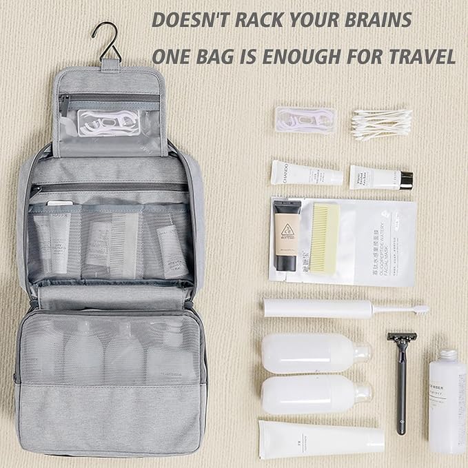 L&FY Travel Toiletry Bags With Hanging Hook, Large Capacity Travel Cosmetic Makeup Organizer, Gifts For Women Men,Travel Accessories-Grey - Image 2