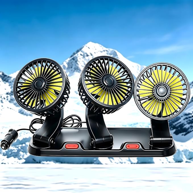 Portable 3-Head Car Cooling Fan 12V-Brushless Motor-2 Speeds, 360 Rotation,for Car Dashboard, Powerful Cooling Solution for Sedan/SUV/RV/Truck/Van Vehicles,Cigarette Lighter Powered (3-head 12V) by Unknown