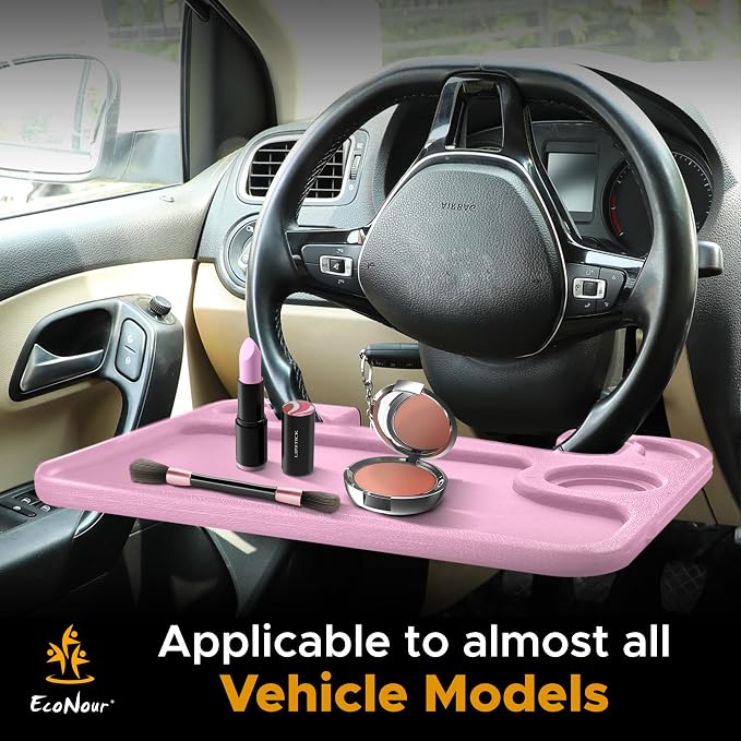 EcoNour 2 in 1 Car Steering Wheel Desk | Steering Wheel Tray for Laptop | Pink Food Table Tray for Eating with Drinks Holder | Car Accessories - Image 7