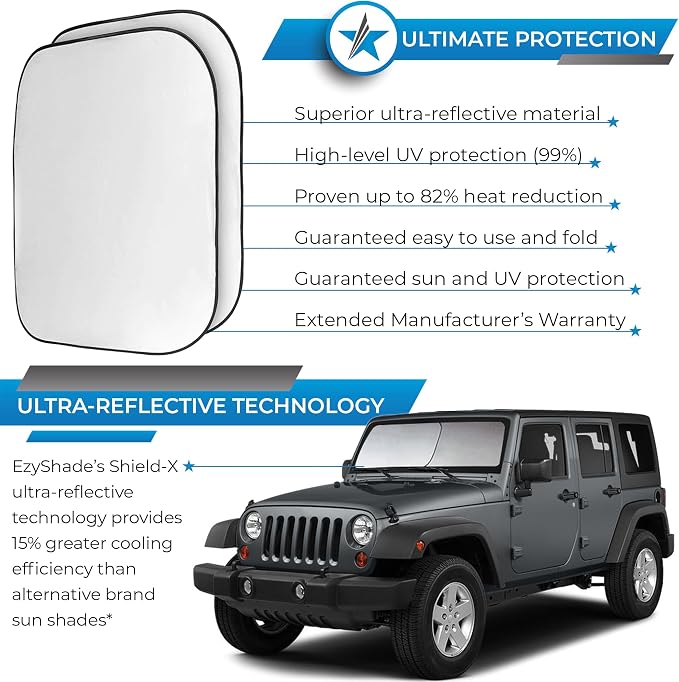 EzyShade Windshield Sun Shade for Jeep Wrangler 1986-2017. X-Small Size | Foldable 2-Piece Car Sunshade with Shield-X Reflective Technology. For Wrangler, Gladiator, Renegade, FJ Cruiser, Bronco. - Image 2