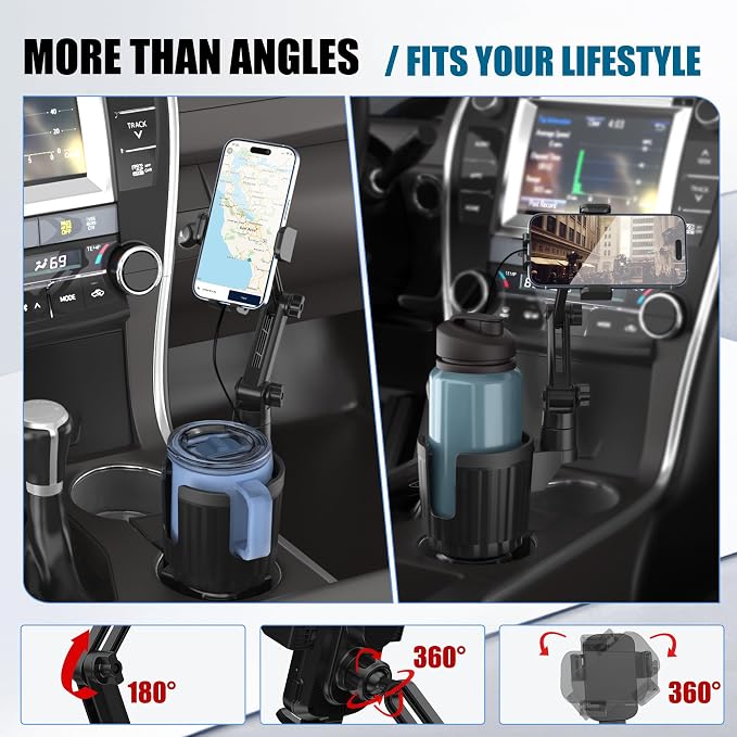 2 in 1 Auto-Clamping Cup Phone Holder for Car, 15W Fast Wireless Charging Cup Holder Phone Mount with USB-C Cable and 12V Car Adapter, Adjustable Car Cup Expander for Large Bottles - Image 5