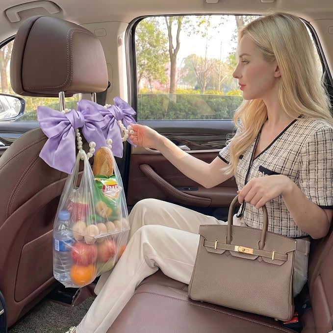 2PCS Satin Bow Pearl Car Seat Headrest Hooks – Car Bag Holder & Vehicle Hanger for Purses – Cute Coquette Aesthetic Interior Decoration – Cute Auto Organizer Accessories Universal (Lavender Purple) - Image 7