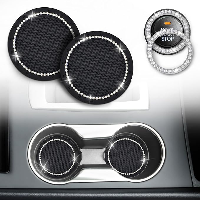 EcoNour Bling Cup Holder Insert (2 Pack) with Push Start Button Ring | (1 Pack) 2.75 Inch Silicone Coaster Pad and 1.5 Inch Ring with Elegant Crystal Rhinestone | Car Interior Accessories (Black) by EcoNour